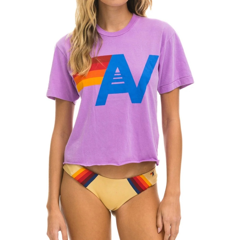 Aviator Nation Purple Tee with Rainbow Stripes